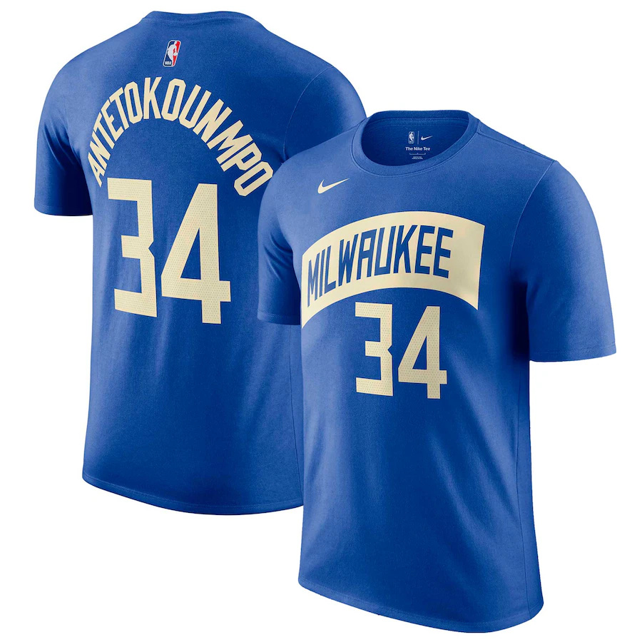 Men's Milwaukee Bucks #34 Giannis Antetokounmpo Blue 2023/24 City Edition Name & Number T-Shirt